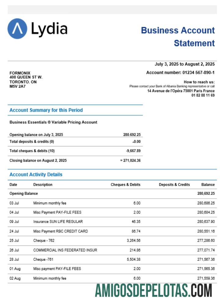Modelo de extrato de conta de empresa de negócios Lydia Noir Bank Word Snd PDF